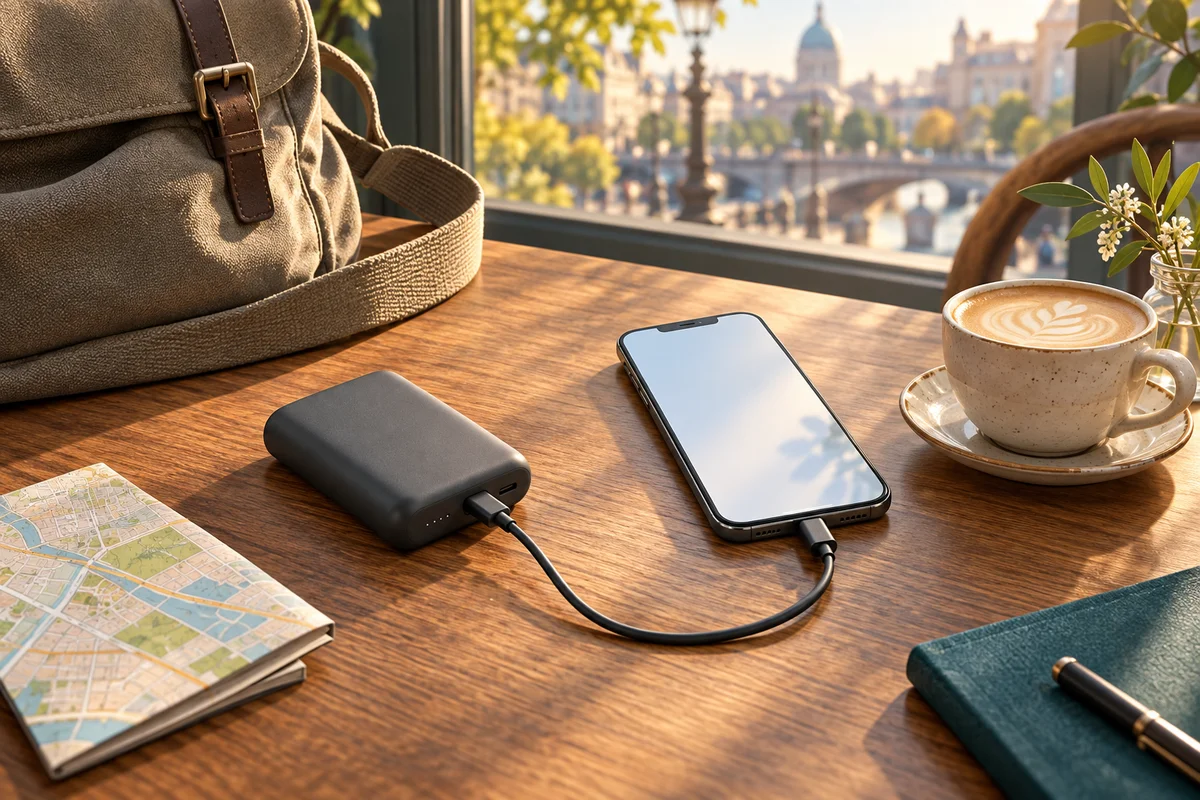 AI生成イメージ：外出先のカフェで、スマートフォンを携帯バッテリーにつないでいる場面