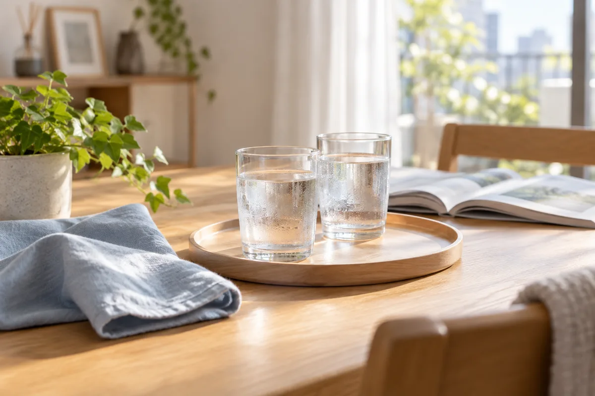 木の食卓に水の入ったグラスを並べた、朝の暮らしのイメージ
