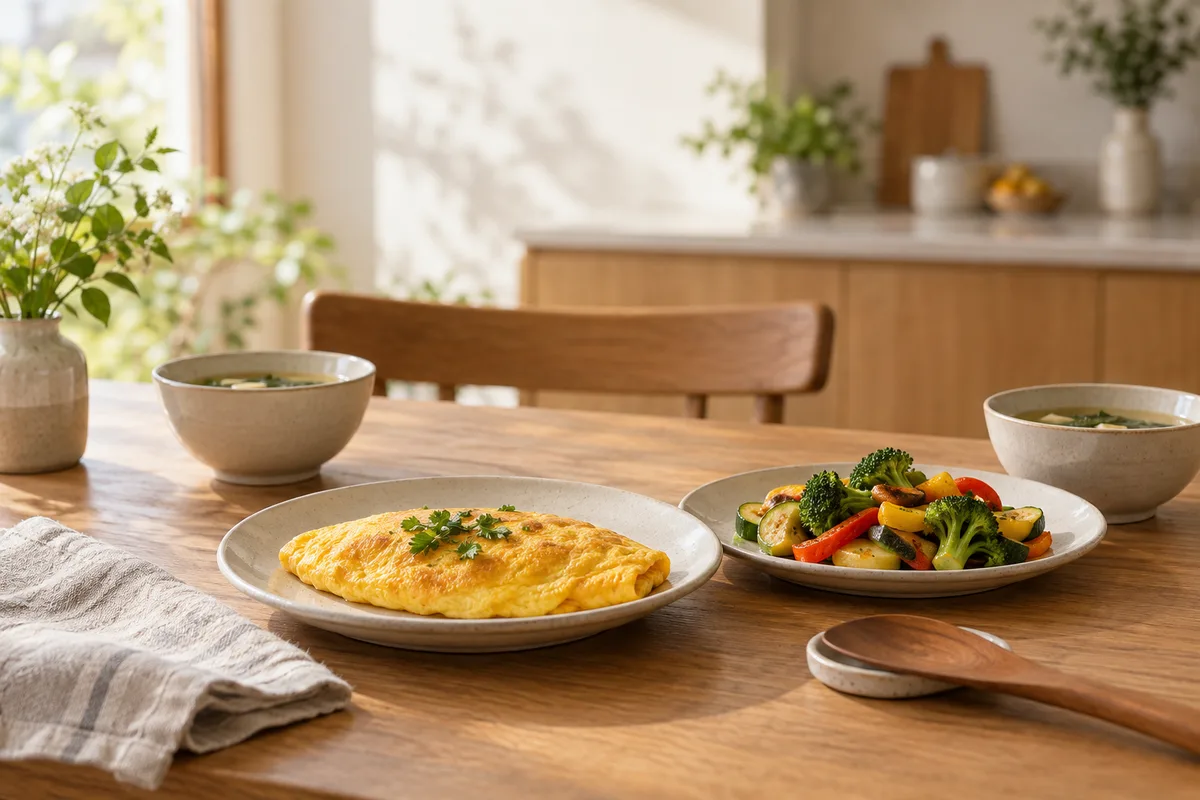 卵料理と炒め野菜、スープを木の食卓に並べた日常の食事
