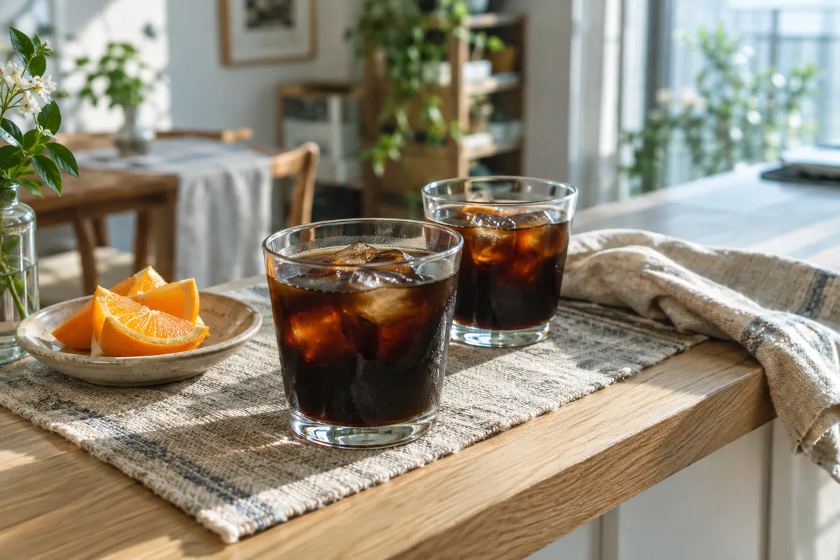 明るいキッチンカウンターに、アイスコーヒーのグラスを2つ並べた風景