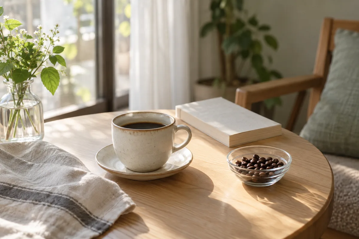 窓辺の小さな木のテーブルに、コーヒーと本を置いた朝のひととき