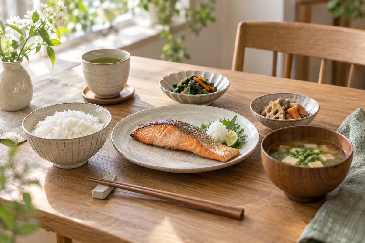 木の食卓に焼き鮭、ご飯、小鉢を並べた一人分の食事のイメージ