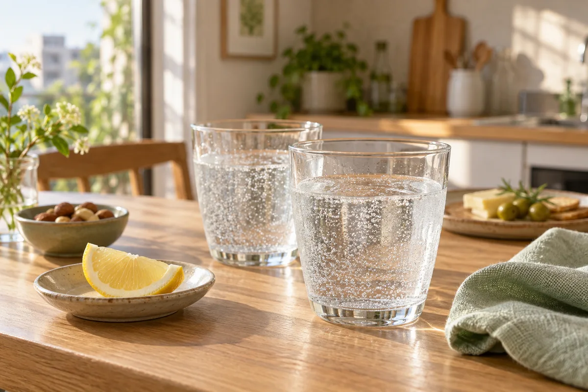 台所のカウンターに炭酸水のグラスと小さなおやつを並べた食卓イメージ