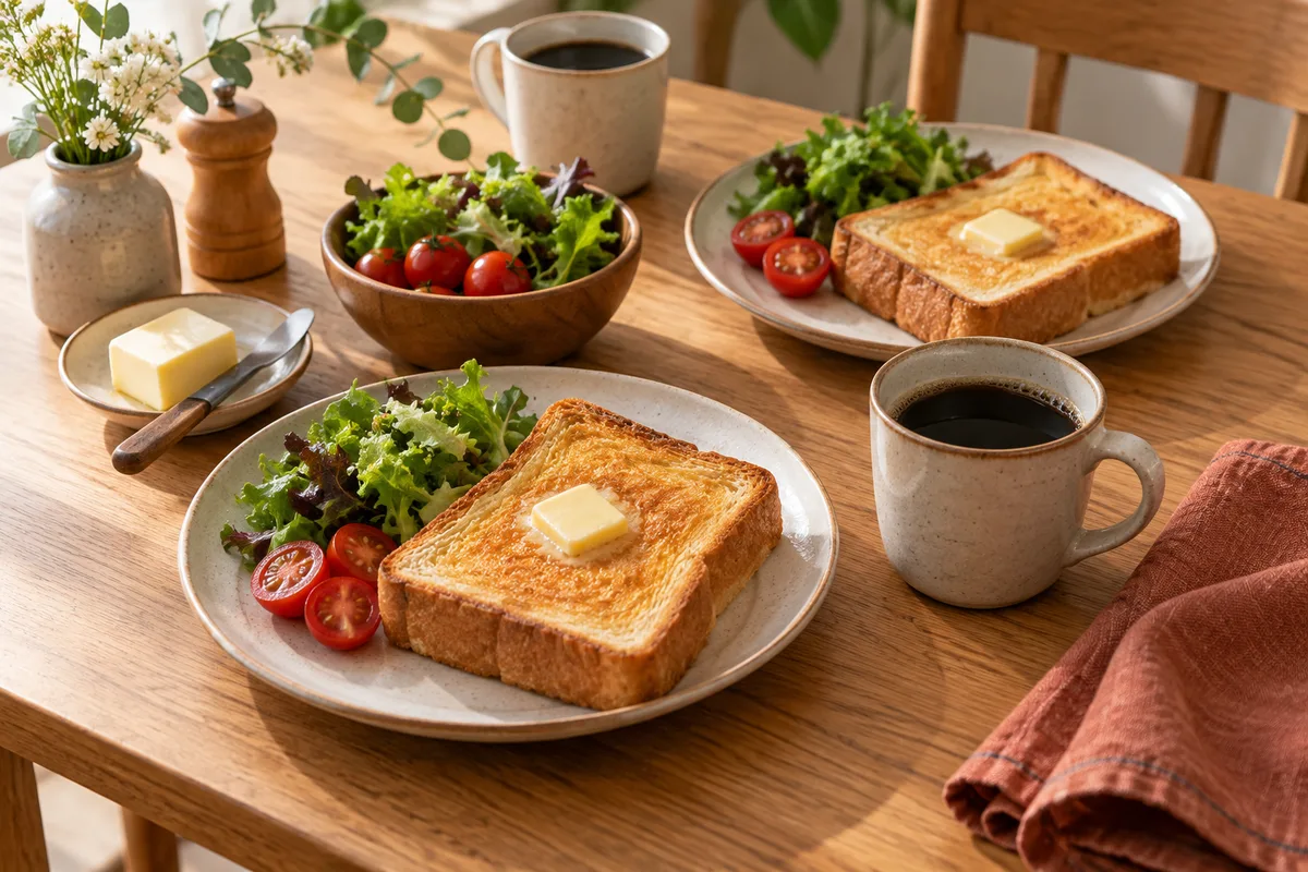木の食卓にトースト、サラダ、コーヒーを並べた朝食のイメージ
