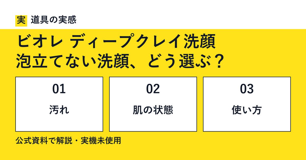 道具の実感。ビオレ ディープクレイ洗顔。泡立てない洗顔、どう選ぶ？。汚れ・肌の状態・使い方。公式資料で解説・実機未使用。