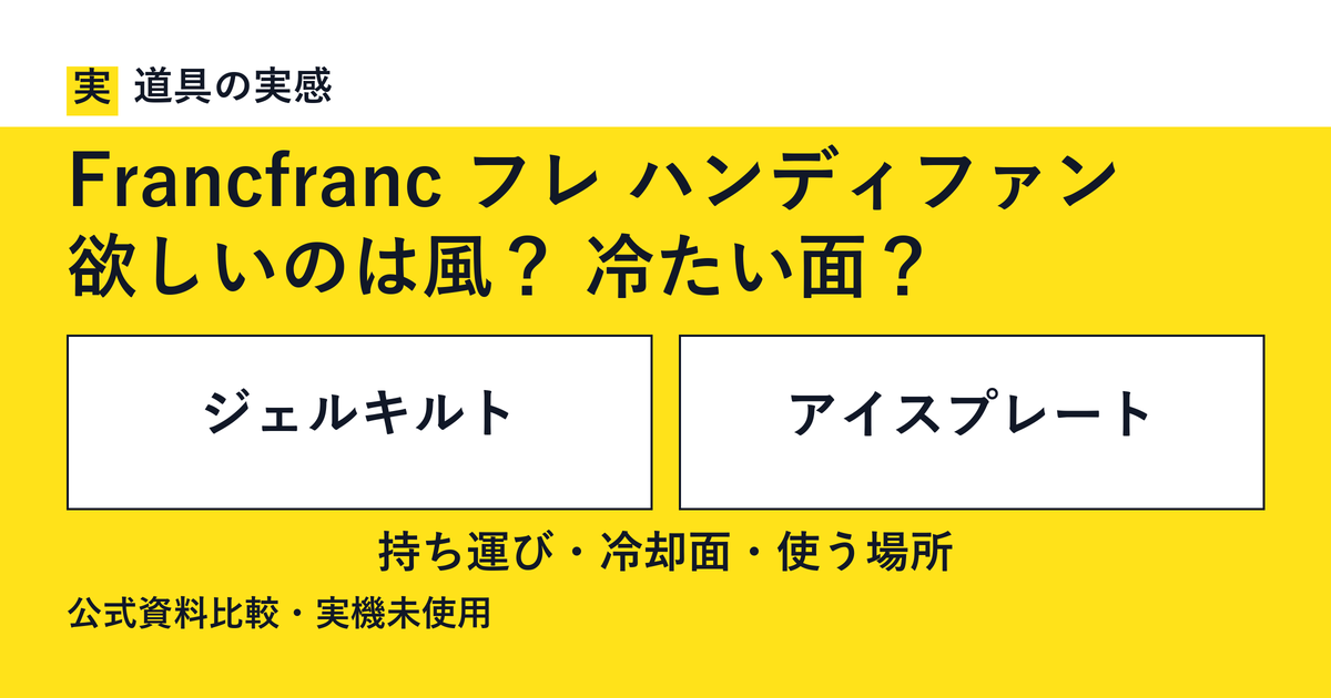 道具の実感。Francfranc フレ ハンディファン。欲しいのは風？ 冷たい面？。ジェルキルトとアイスプレート。持ち運び・冷却面・使う場所。公式資料比較・実機未使用。