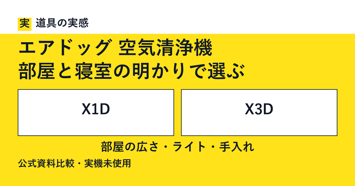 道具の実感。エアドッグ 空気清浄機。部屋と寝室の明かりで選ぶ。X1DとX3D。部屋の広さ・ライト・手入れ。公式資料比較・実機未使用。