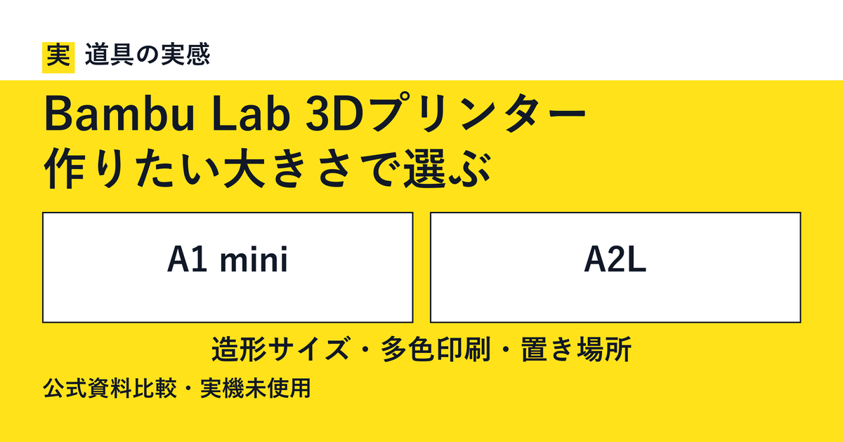 道具の実感。Bambu Lab 3Dプリンター。作りたい大きさで選ぶ。A1 miniとA2L。造形サイズ・多色印刷・置き場所。公式資料比較・実機未使用。