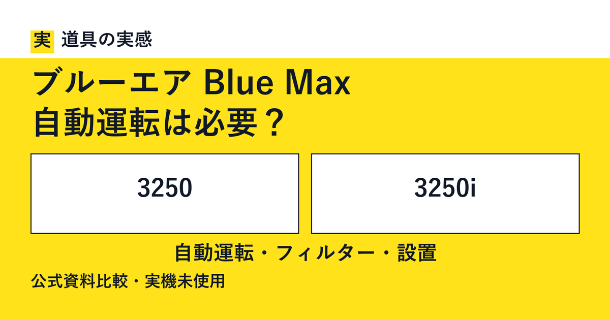 道具の実感。ブルーエア Blue Max。自動運転は必要？。3250と3250i。自動運転・フィルター・設置。公式資料比較・実機未使用。