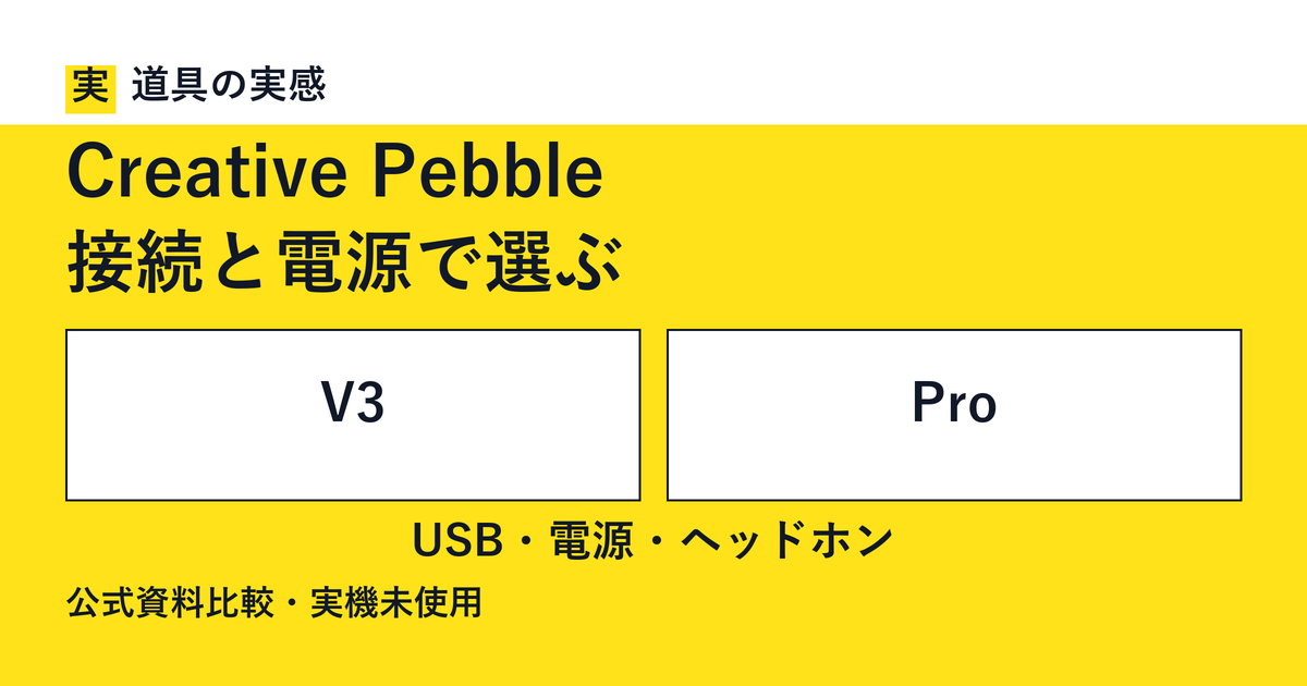 道具の実感。Creative Pebble。接続と電源で選ぶ。V3とPro。USB・電源・ヘッドホン。公式資料比較・実機未使用。