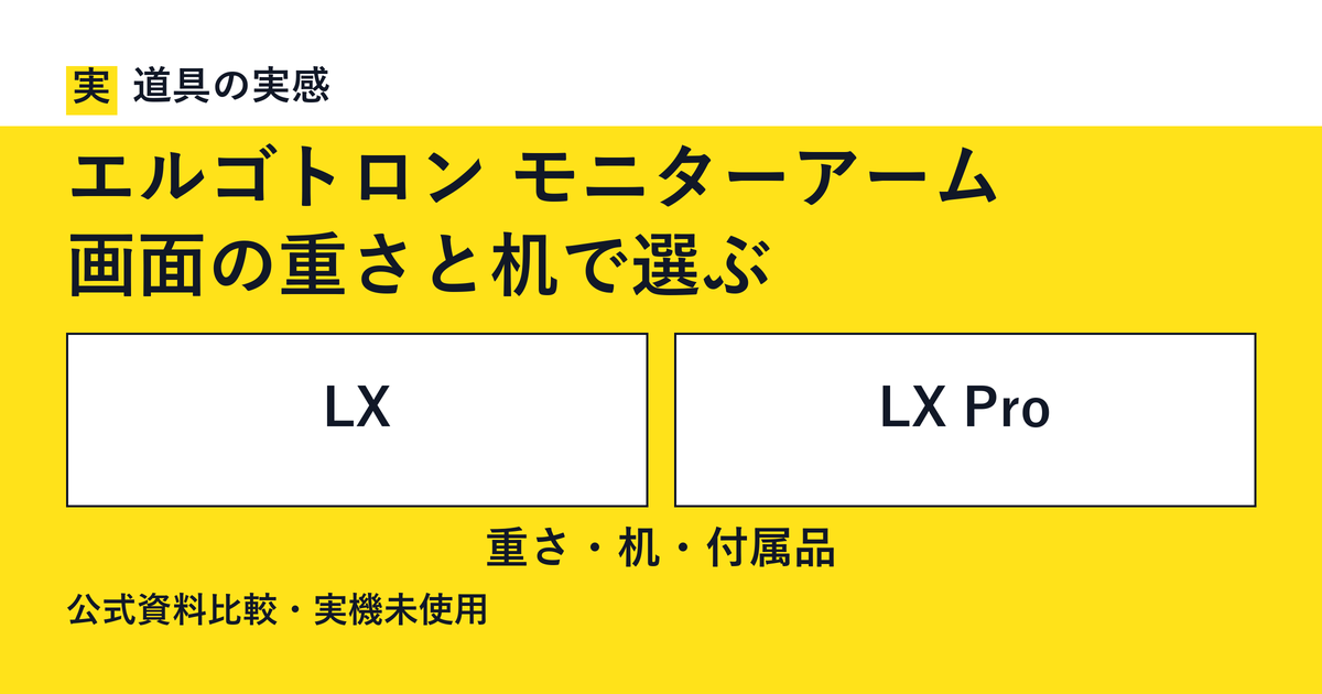 道具の実感。エルゴトロン モニターアーム。画面の重さと机で選ぶ。LXとLX Pro。重さ・机・付属品。公式資料比較・実機未使用。
