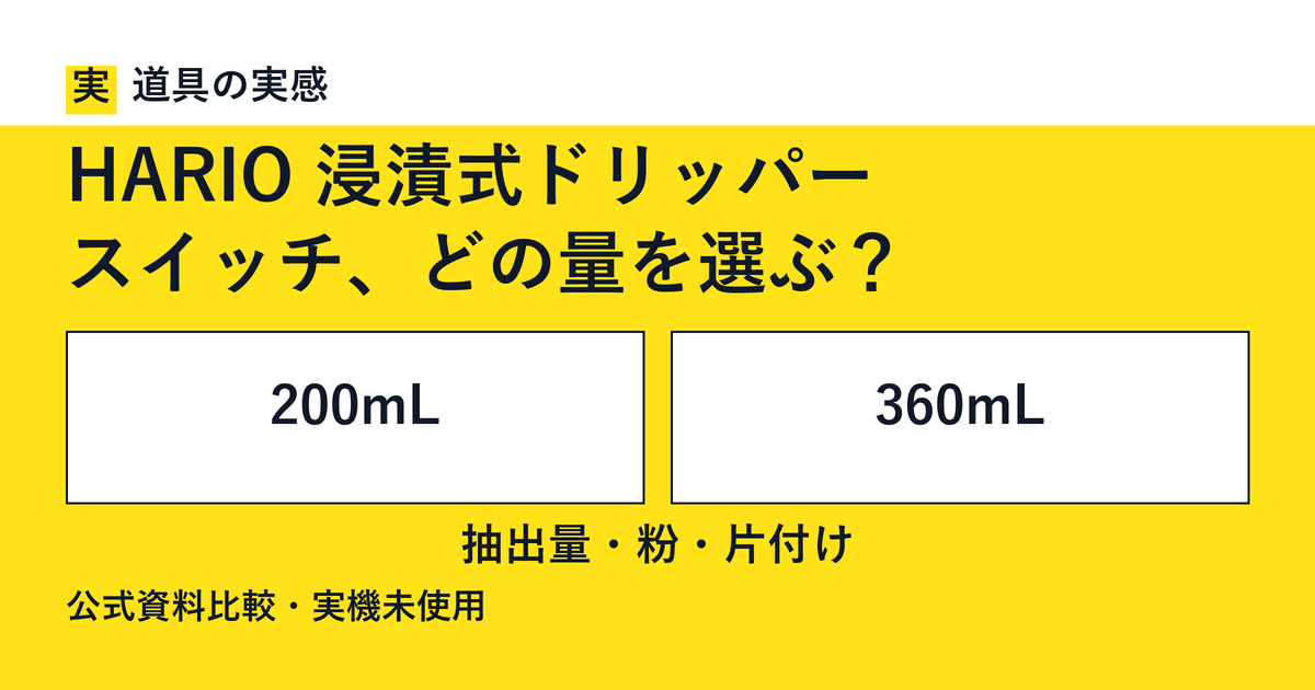 道具の実感。HARIO 浸漬式ドリッパー。スイッチ、どの量を選ぶ？。200mLと360mL。抽出量・粉・片付け。公式資料比較・実機未使用。