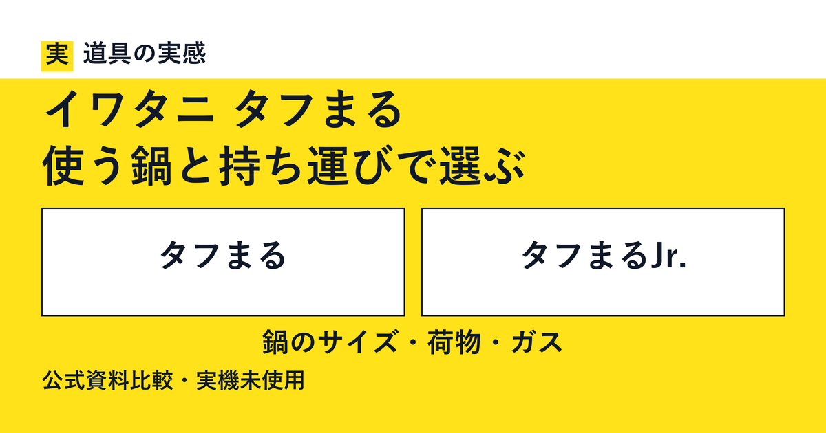 道具の実感。イワタニ タフまる。使う鍋と持ち運びで選ぶ。タフまるとタフまるJr.。鍋のサイズ・荷物・ガス。公式資料比較・実機未使用。