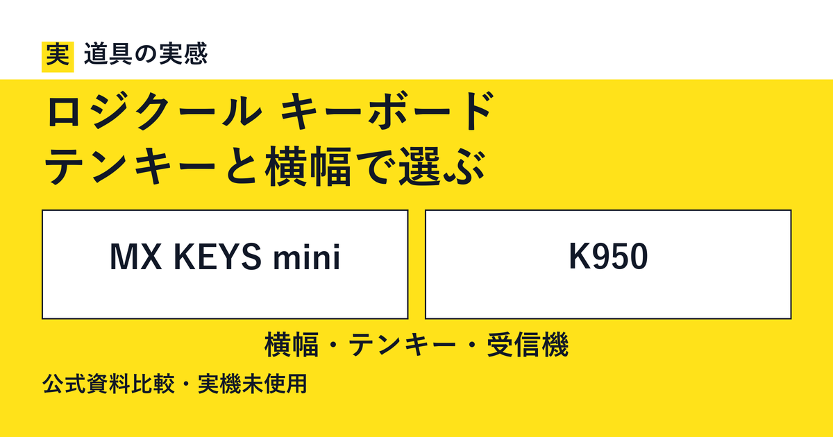 道具の実感。ロジクール キーボード。テンキーと横幅で選ぶ。MX KEYS miniとK950。横幅・テンキー・受信機。公式資料比較・実機未使用。