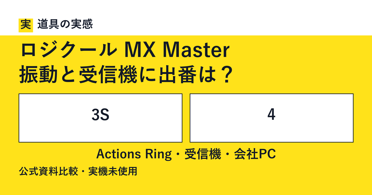 道具の実感。ロジクール MX Master。振動と受信機に出番は？。3Sと4。Actions Ring・受信機・会社PC。公式資料比較・実機未使用。