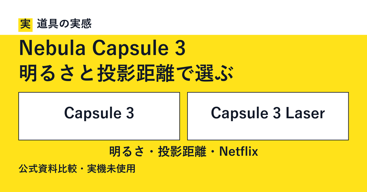 道具の実感。Nebula Capsule 3。明るさと投影距離で選ぶ。Capsule 3とCapsule 3 Laser。明るさ・投影距離・Netflix。公式資料比較・実機未使用。