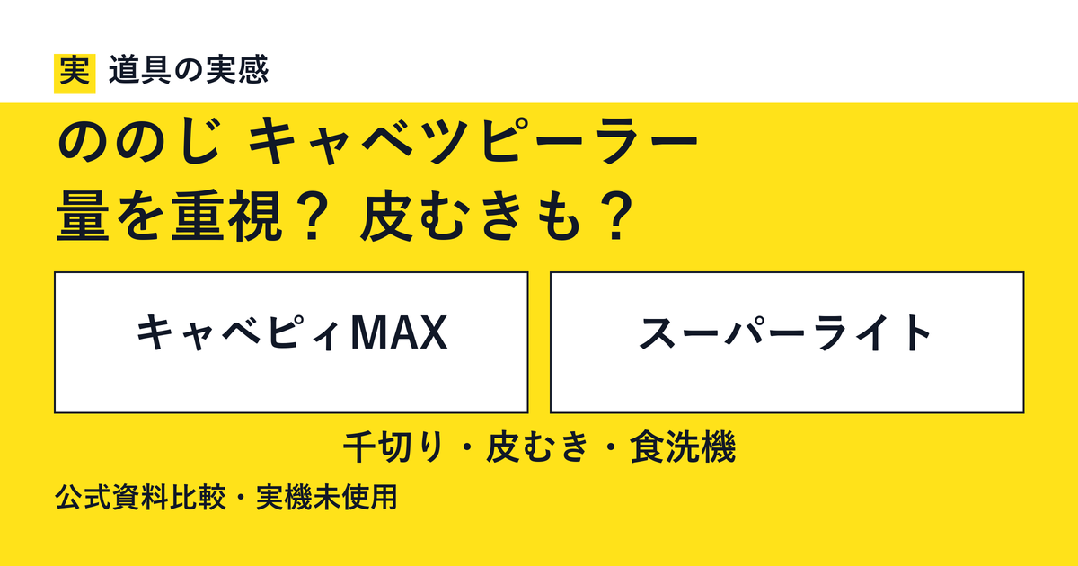道具の実感。ののじ キャベツピーラー。量を重視？ 皮むきも？。キャベピィMAXとスーパーライト。千切り・皮むき・食洗機。公式資料比較・実機未使用。