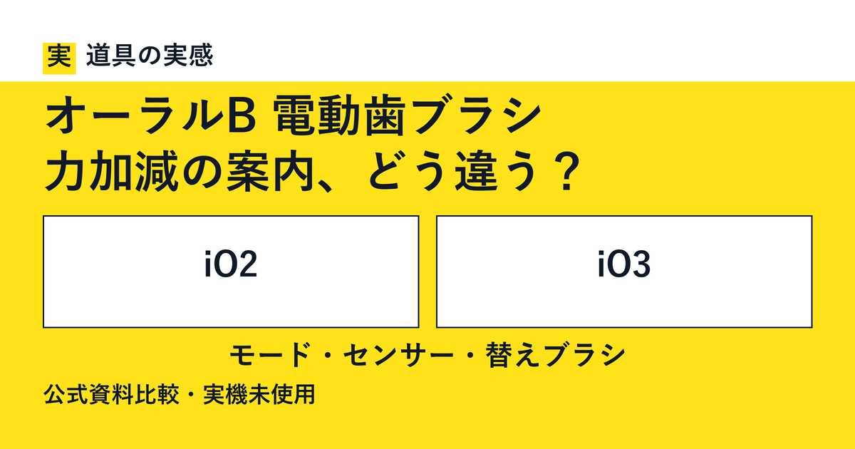 道具の実感。オーラルB 電動歯ブラシ。力加減の案内、どう違う？。iO2とiO3。モード・センサー・替えブラシ。公式資料比較・実機未使用。