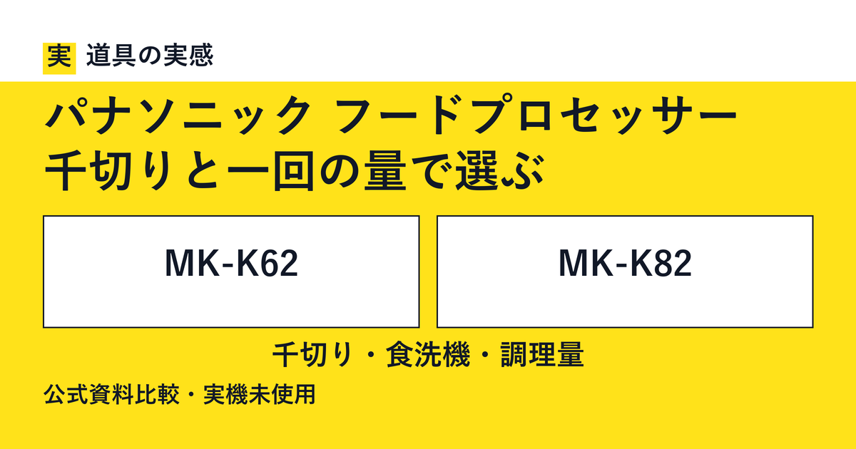 道具の実感。パナソニック フードプロセッサー。千切りと一回の量で選ぶ。MK-K62とMK-K82。千切り・食洗機・調理量。公式資料比較・実機未使用。