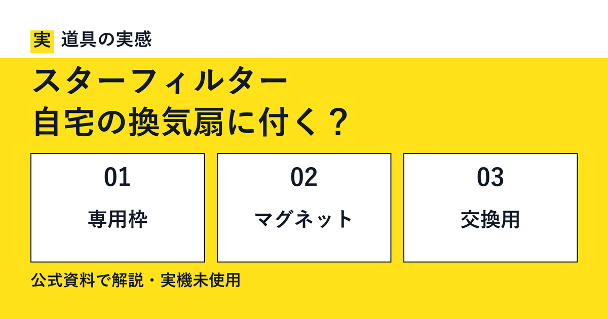 道具の実感。スターフィルター。自宅の換気扇に付く？。専用枠・マグネット・交換用。公式資料で解説・実機未使用。