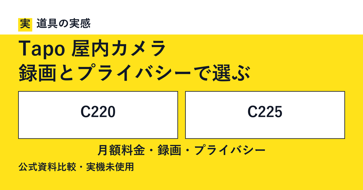 道具の実感。Tapo 屋内カメラ。録画とプライバシーで選ぶ。C220とC225。月額料金・録画・プライバシー。公式資料比較・実機未使用。