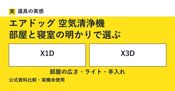道具の実感。エアドッグ 空気清浄機。部屋と寝室の明かりで選ぶ。X1DとX3D。部屋の広さ・ライト・手入れ。公式資料比較・実機未使用。