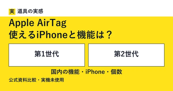 道具の実感。Apple AirTag。使えるiPhoneと機能は？。第1世代と第2世代。国内の機能・iPhone・個数。公式資料比較・実機未使用。
