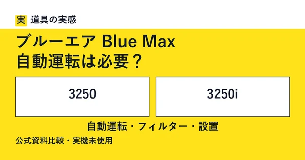 道具の実感。ブルーエア Blue Max。自動運転は必要？。3250と3250i。自動運転・フィルター・設置。公式資料比較・実機未使用。