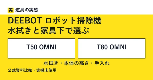 道具の実感。DEEBOT ロボット掃除機。水拭きと家具下で選ぶ。T50 OMNIとT80 OMNI。水拭き・本体の高さ・手入れ。公式資料比較・実機未使用。