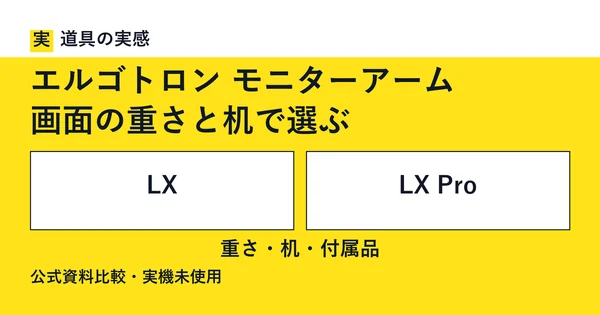 道具の実感。エルゴトロン モニターアーム。画面の重さと机で選ぶ。LXとLX Pro。重さ・机・付属品。公式資料比較・実機未使用。