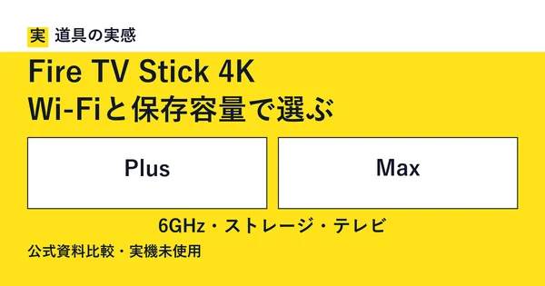 道具の実感。Fire TV Stick 4K。Wi-Fiと保存容量で選ぶ。PlusとMax。6GHz・ストレージ・テレビ。公式資料比較・実機未使用。