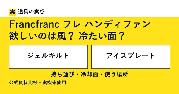 道具の実感。Francfranc フレ ハンディファン。欲しいのは風？ 冷たい面？。ジェルキルトとアイスプレート。持ち運び・冷却面・使う場所。公式資料比較・実機未使用。