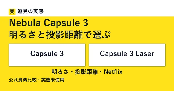 道具の実感。Nebula Capsule 3。明るさと投影距離で選ぶ。Capsule 3とCapsule 3 Laser。明るさ・投影距離・Netflix。公式資料比較・実機未使用。