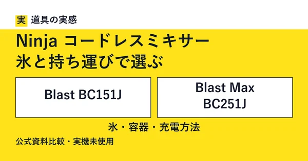 道具の実感。Ninja コードレスミキサー。氷と持ち運びで選ぶ。Blast BC151JとBlast Max BC251J。氷・容器・充電方法。公式資料比較・実機未使用。