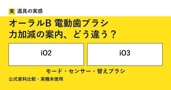 道具の実感。オーラルB 電動歯ブラシ。力加減の案内、どう違う？。iO2とiO3。モード・センサー・替えブラシ。公式資料比較・実機未使用。