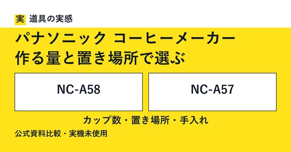 道具の実感。パナソニック コーヒーメーカー。作る量と置き場所で選ぶ。NC-A58とNC-A57。カップ数・置き場所・手入れ。公式資料比較・実機未使用。