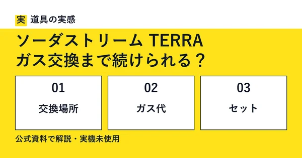 道具の実感。ソーダストリーム TERRA。ガス交換まで続けられる？。交換場所・ガス代・セット。公式資料で解説・実機未使用。