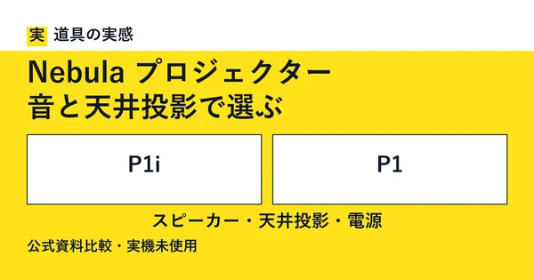 道具の実感。Nebula プロジェクター。音と天井投影で選ぶ。P1iとP1。スピーカー・天井投影・電源。公式資料比較・実機未使用。