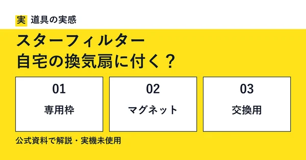 道具の実感。スターフィルター。自宅の換気扇に付く？。専用枠・マグネット・交換用。公式資料で解説・実機未使用。