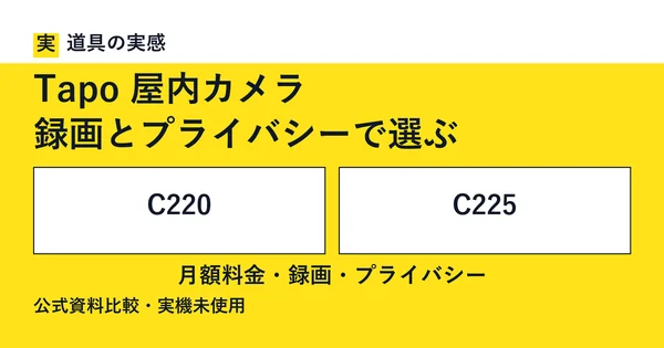 道具の実感。Tapo 屋内カメラ。録画とプライバシーで選ぶ。C220とC225。月額料金・録画・プライバシー。公式資料比較・実機未使用。