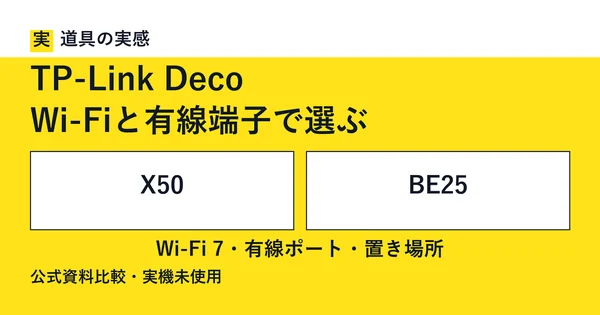 道具の実感。TP-Link Deco。Wi-Fiと有線端子で選ぶ。X50とBE25。Wi-Fi 7・有線ポート・置き場所。公式資料比較・実機未使用。