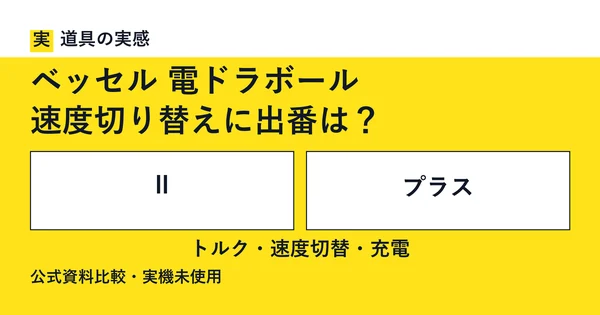 道具の実感。ベッセル 電ドラボール。速度切り替えに出番は？。Ⅱとプラス。トルク・速度切替・充電。公式資料比較・実機未使用。